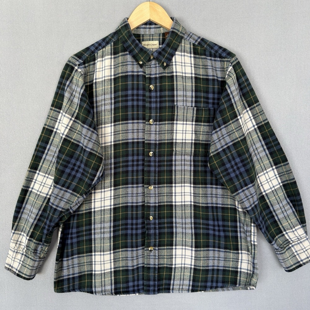 Hobbs Creek Men's Flannel Shirt Large Green Blue  White Plaid Cotton Button Down